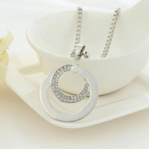 Long Chain Women Fashion Double Circle Pendant Necklace