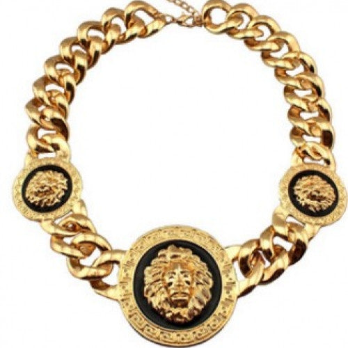 Chunky Chain Statement Necklace Three Lion Head